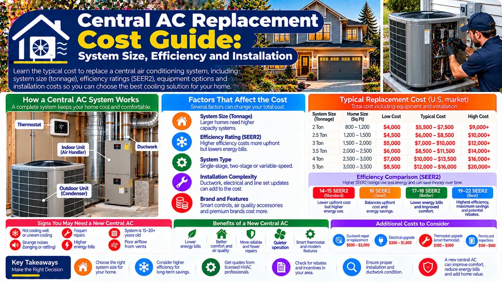 Central AC Replacement Cost Guide: System Size, Efficiency and Installation — HomeCostNest cost guide feature image