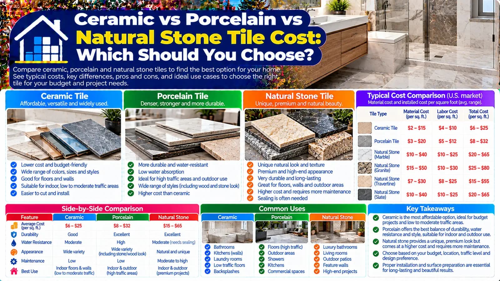 Ceramic vs Porcelain vs Natural Stone Tile Cost: Which Should You Choose? — HomeCostNest cost guide feature image