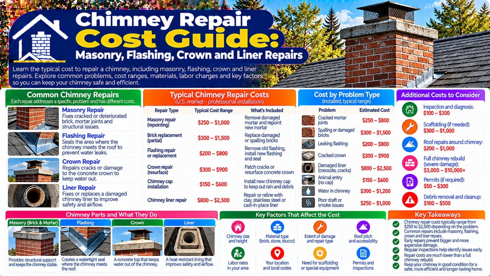 Chimney Repair Cost Guide: Masonry, Flashing, Crown and Liner Repairs — HomeCostNest cost guide feature image