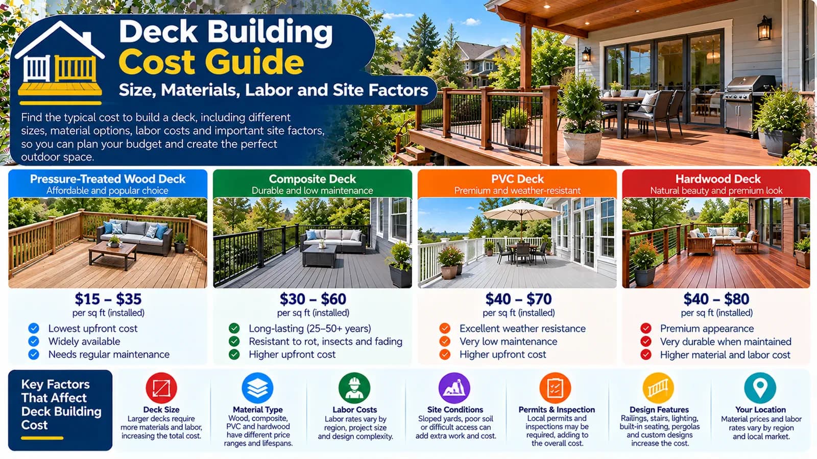 Deck Building Cost Guide: Size, Materials, Labor and Site Factors — HomeCostNest cost guide feature image