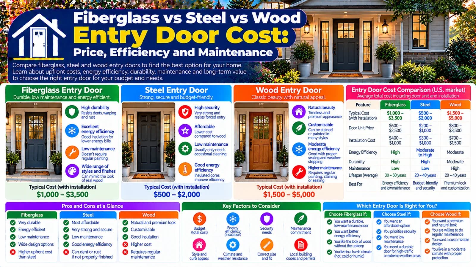 Fiberglass vs Steel vs Wood Entry Door Cost: Price, Efficiency and Maintenance — HomeCostNest cost guide feature image