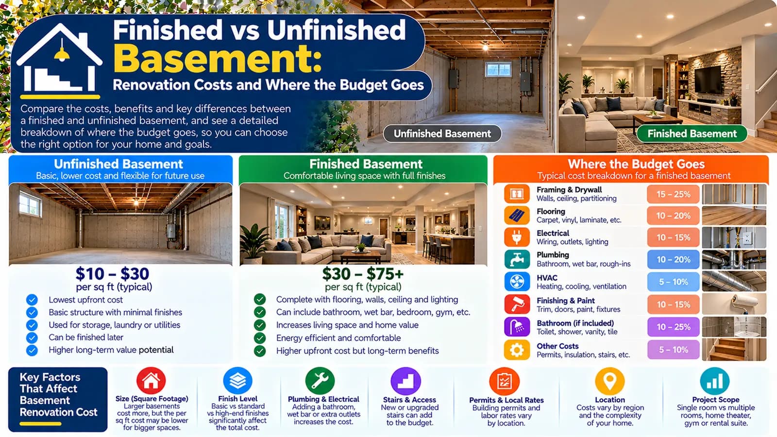 Finished vs Unfinished Basement: Renovation Costs and Where the Budget Goes — HomeCostNest cost guide feature image