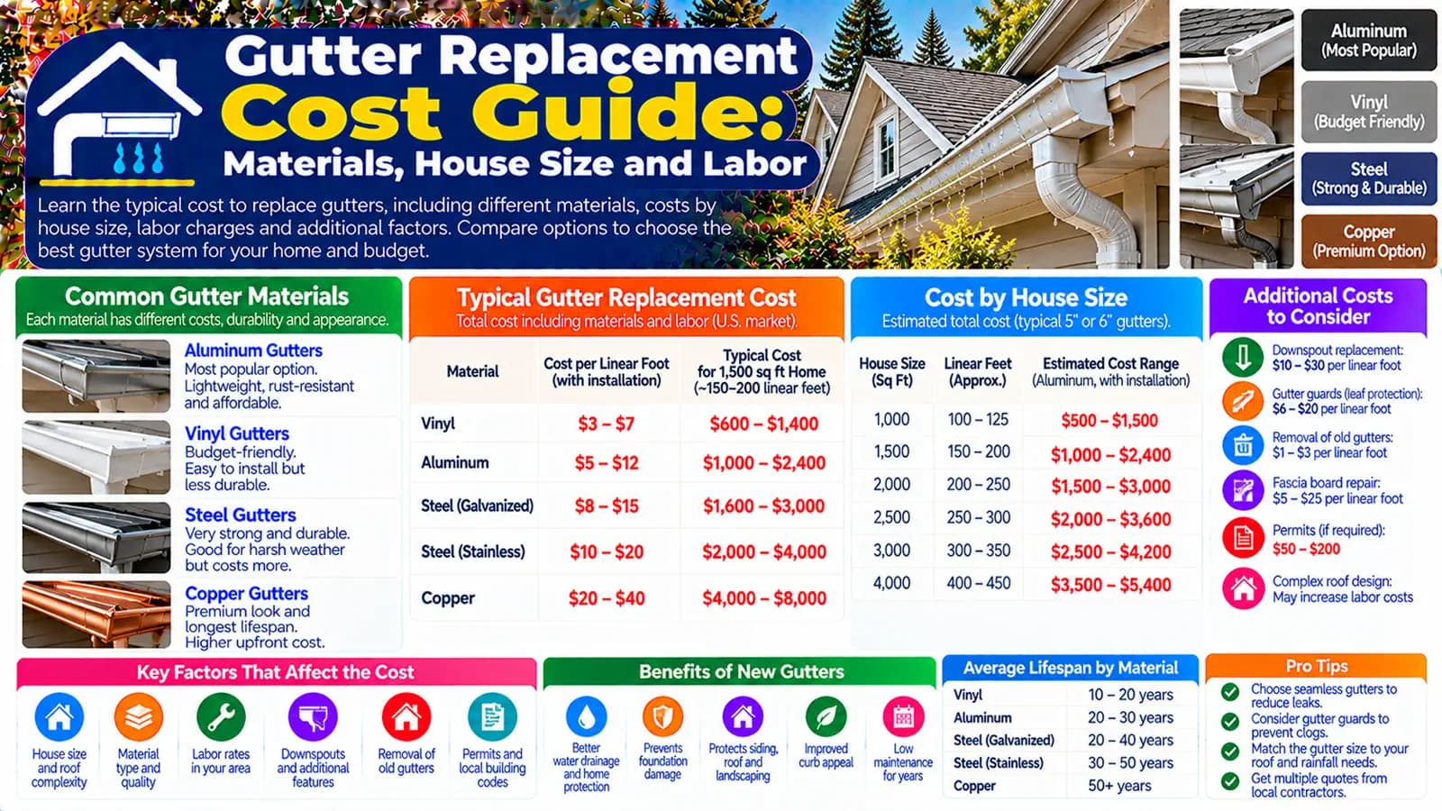 Gutter Replacement Cost Guide: Materials, House Size and Labor — HomeCostNest cost guide feature image