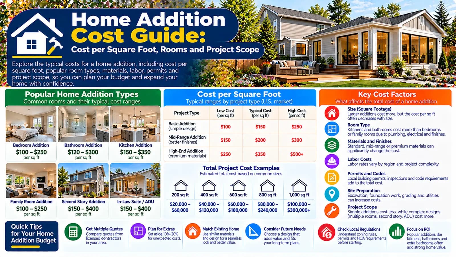 Home Addition Cost Guide: Cost per Square Foot, Rooms and Project Scope — HomeCostNest cost guide feature image