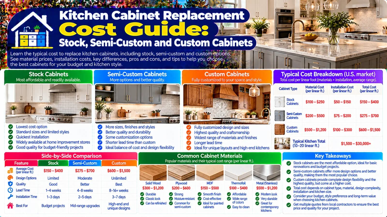 Kitchen Cabinet Replacement Cost Guide: Stock, Semi-Custom and Custom Cabinets — HomeCostNest cost guide feature image