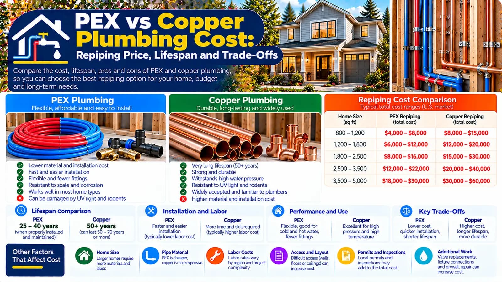 PEX vs Copper Plumbing Cost: Repiping Price, Lifespan and Trade-Offs — HomeCostNest cost guide feature image