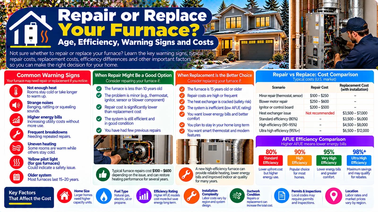 Repair or Replace Your Furnace? Age, Efficiency, Warning Signs and Costs — HomeCostNest cost guide feature image