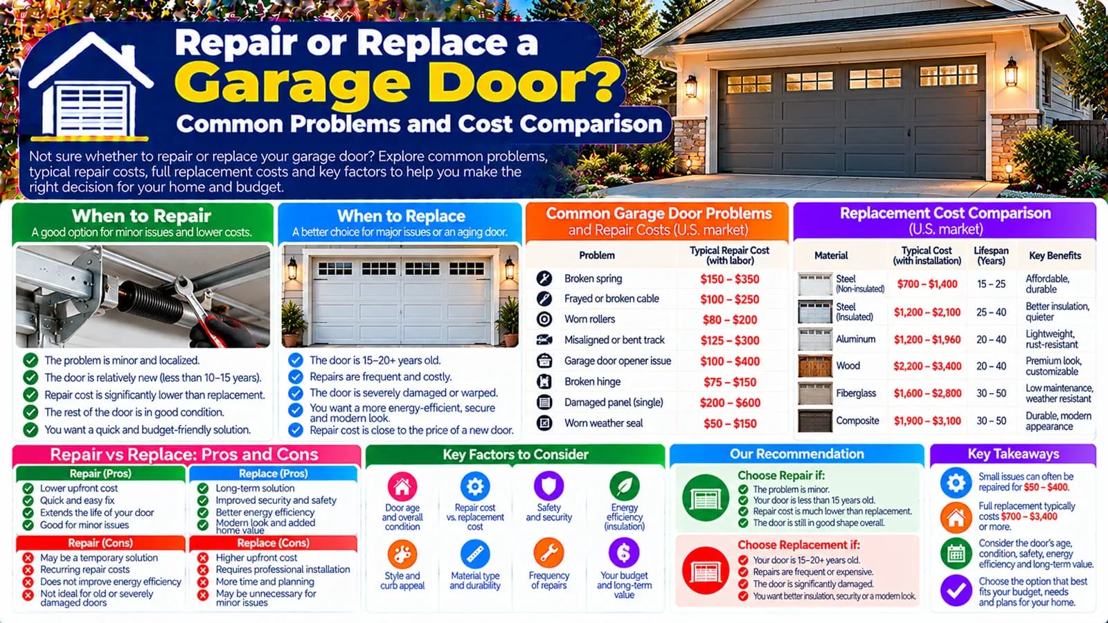 Repair or Replace a Garage Door? Common Problems and Cost Comparison — HomeCostNest cost guide feature image