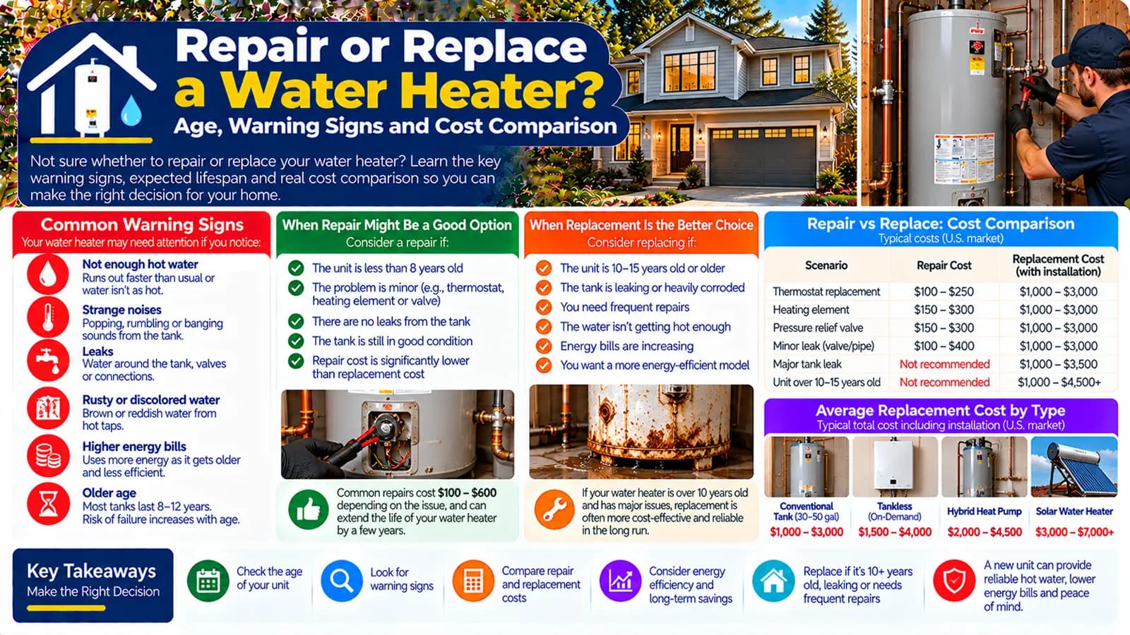 Repair or Replace a Water Heater? Age, Warning Signs and Cost Comparison — HomeCostNest cost guide feature image