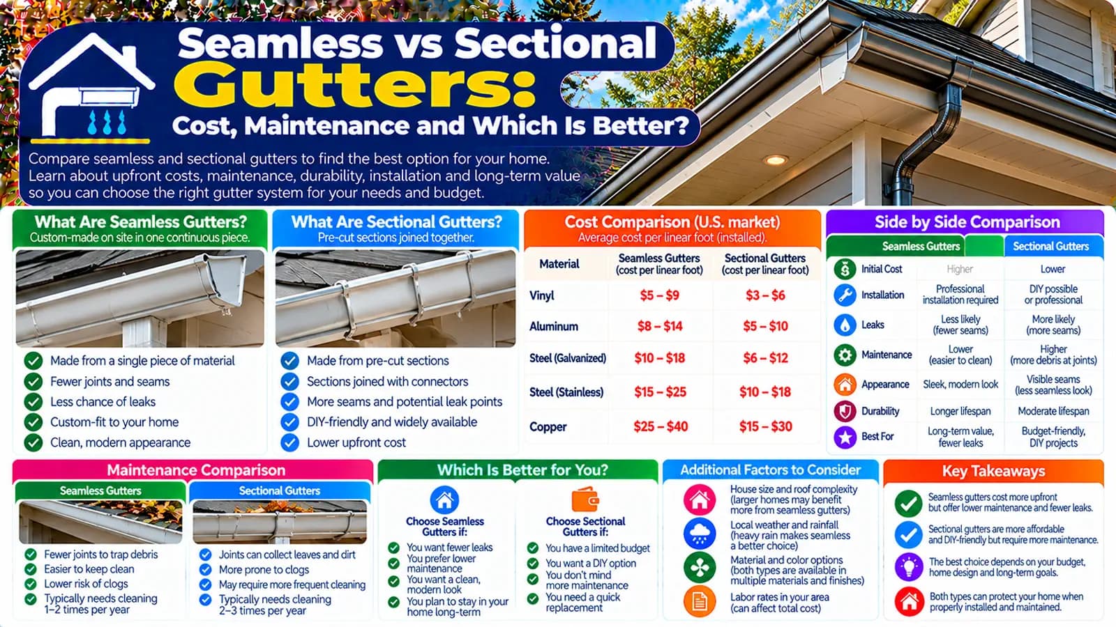 Seamless vs Sectional Gutters: Cost, Maintenance and Which Is Better? — HomeCostNest cost guide feature image