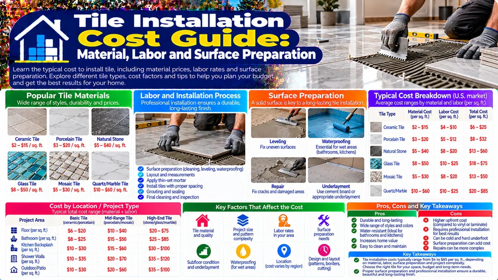 Tile Installation Cost Guide: Material, Labor and Surface Preparation — HomeCostNest cost guide feature image