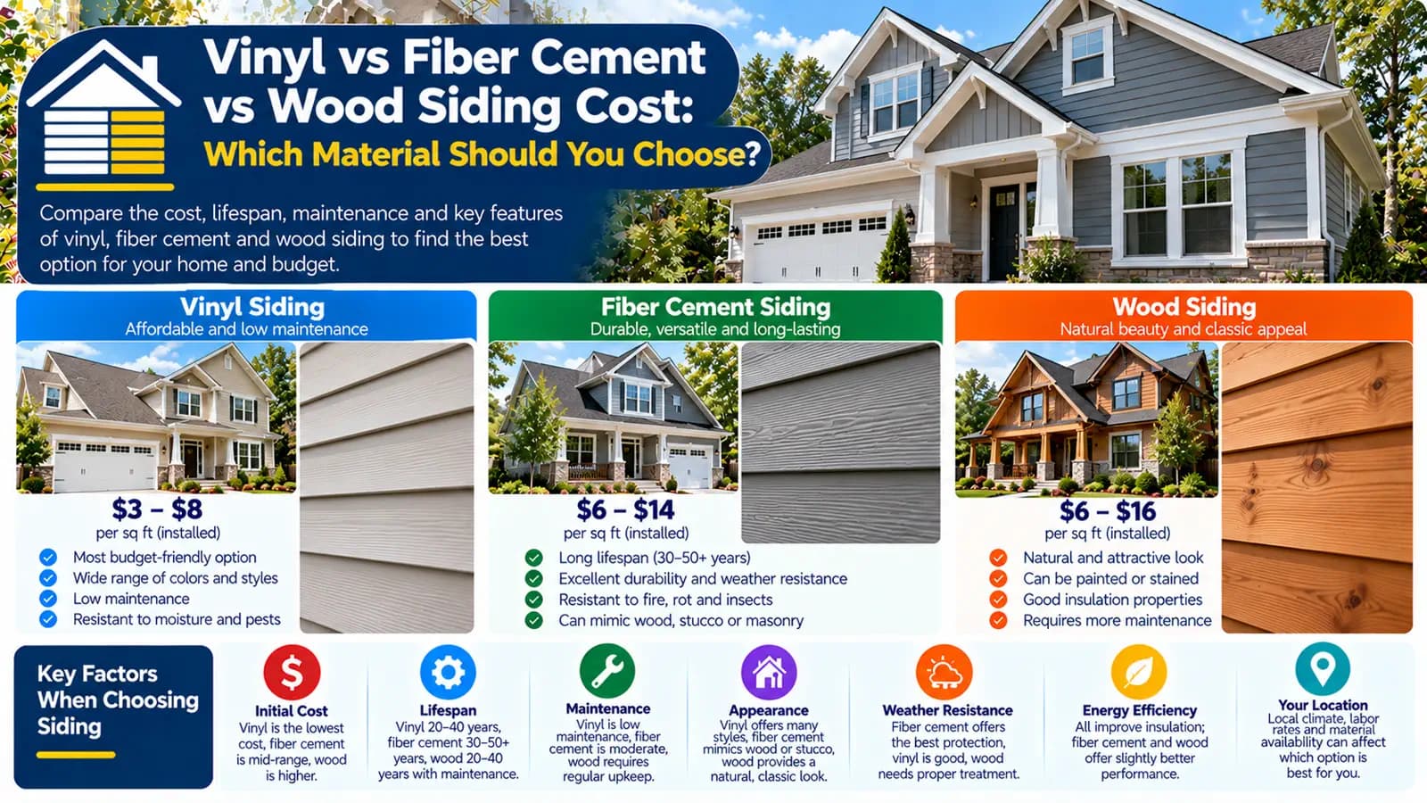 Vinyl vs Fiber Cement vs Wood Siding Cost: Which Material Should You Choose? — HomeCostNest cost guide feature image