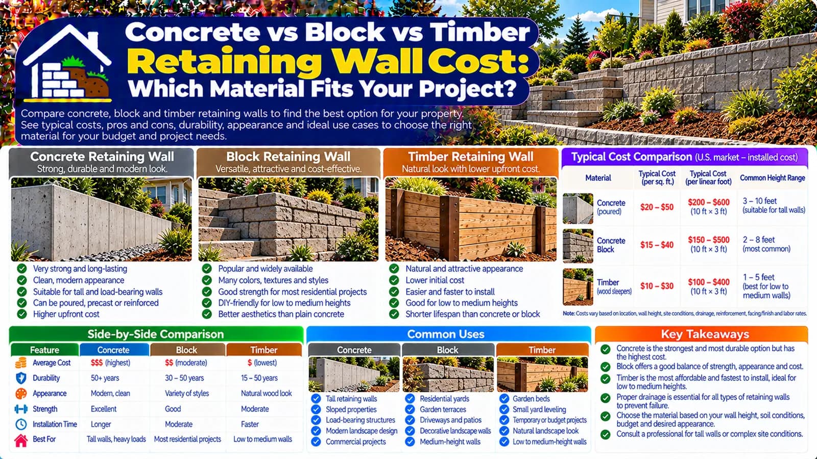 Concrete vs Block vs Timber Retaining Wall Cost: Which Material Fits Your Project? — HomeCostNest cost guide feature image
