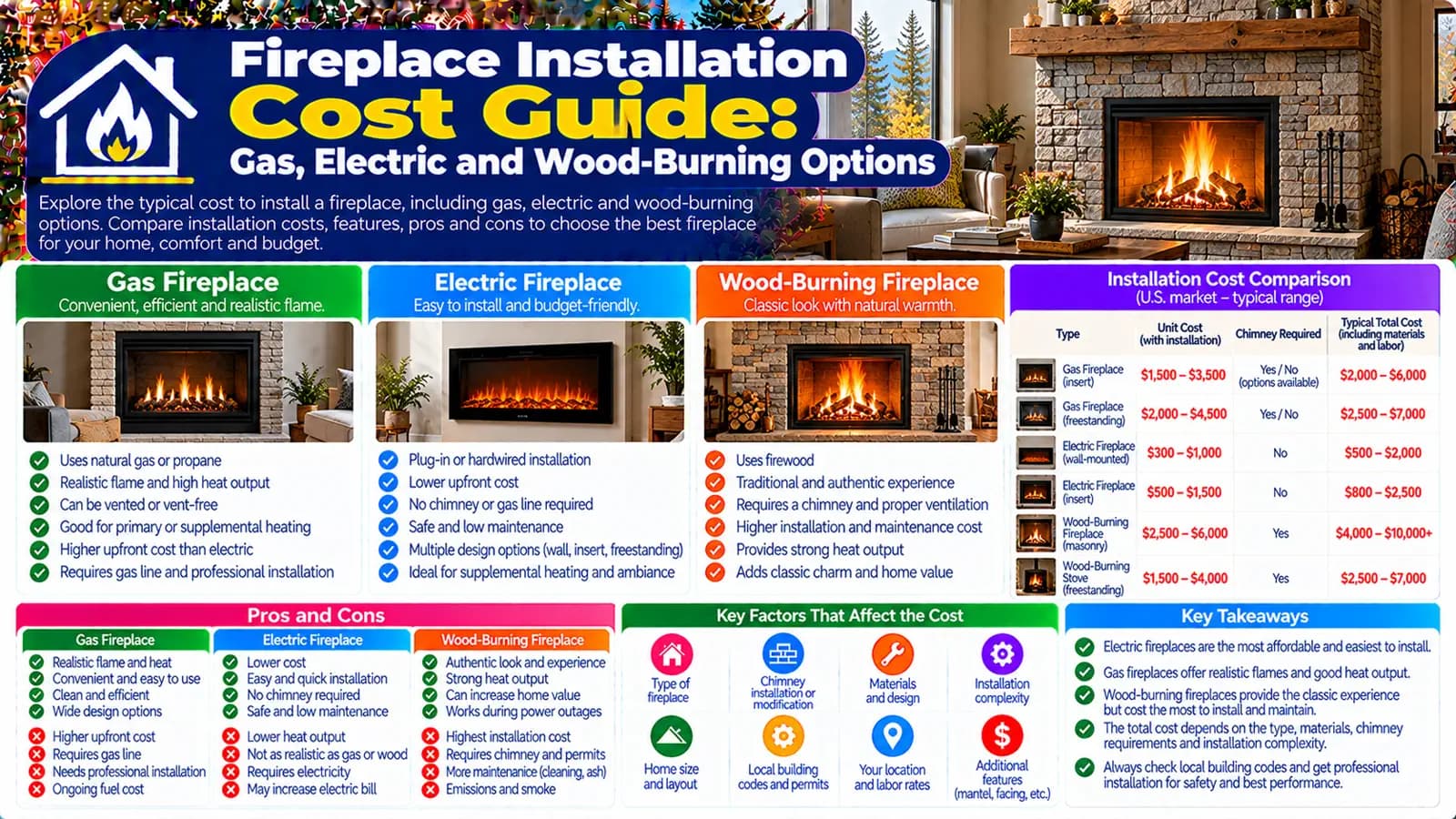 Fireplace Installation Cost Guide: Gas, Electric and Wood-Burning Options — HomeCostNest cost guide feature image