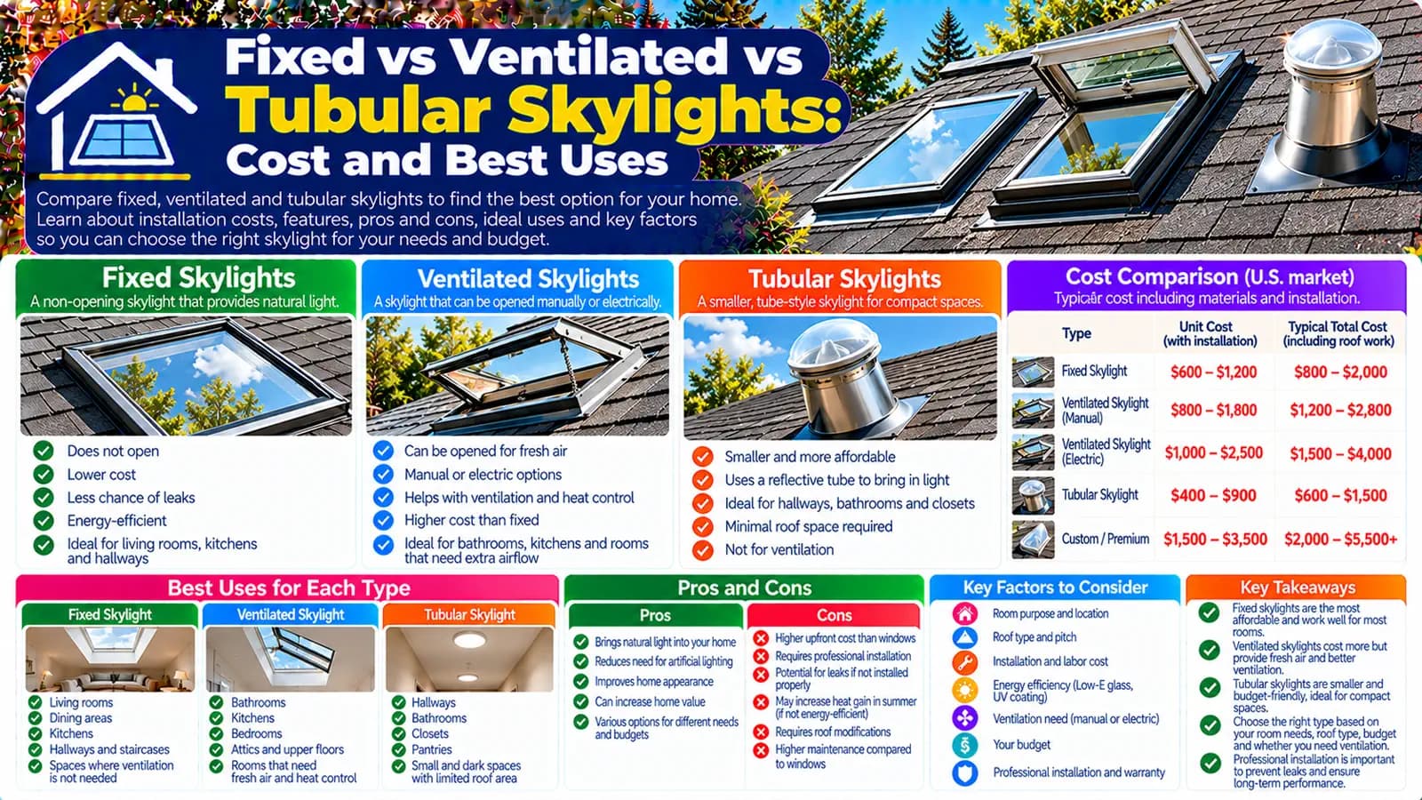 Fixed vs Ventilated vs Tubular Skylights: Cost and Best Uses — HomeCostNest cost guide feature image