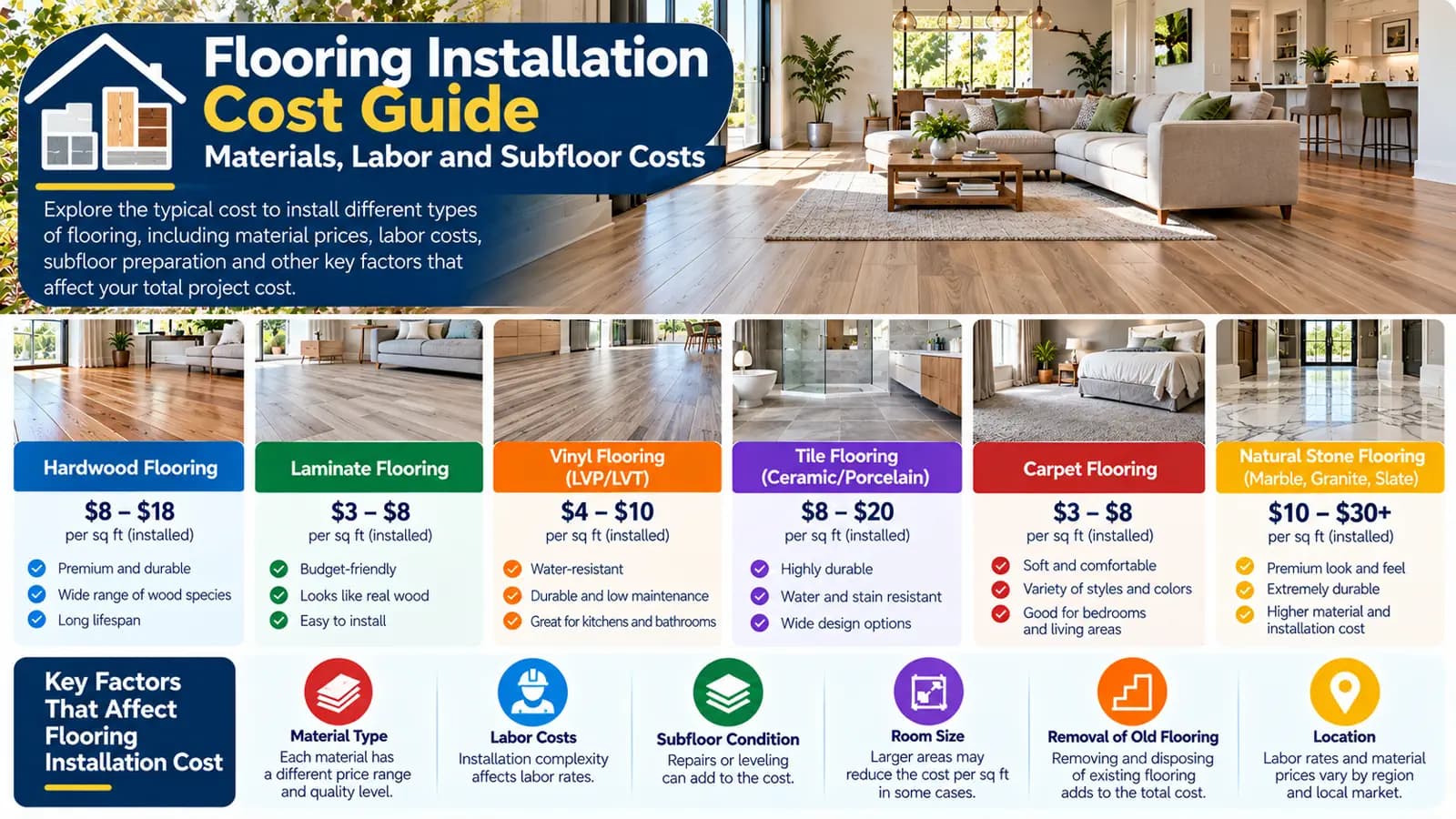Flooring Installation Cost Guide: Materials, Labor and Subfloor Costs — HomeCostNest cost guide feature image