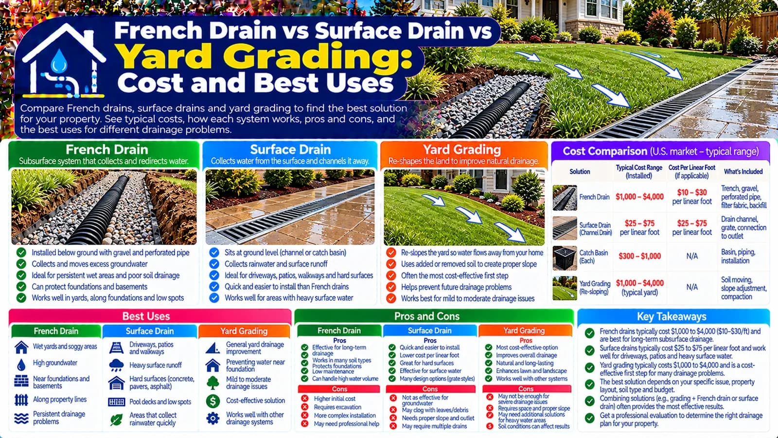 French Drain vs Surface Drain vs Yard Grading: Cost and Best Uses — HomeCostNest cost guide feature image