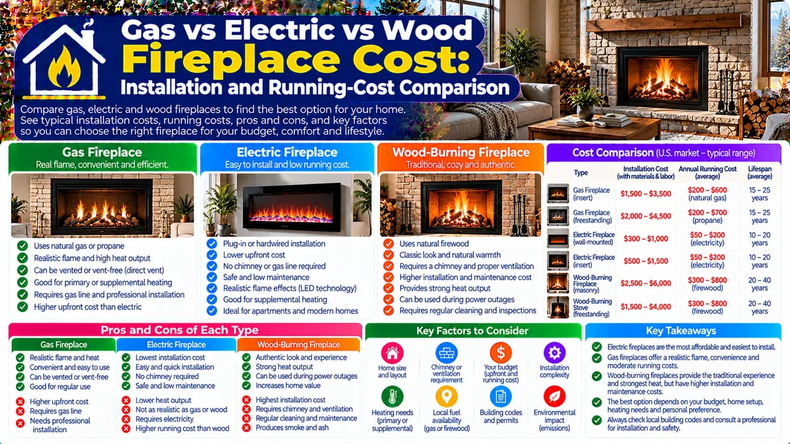 Gas vs Electric vs Wood Fireplace Cost: Installation and Running-Cost Comparison — HomeCostNest cost guide feature image