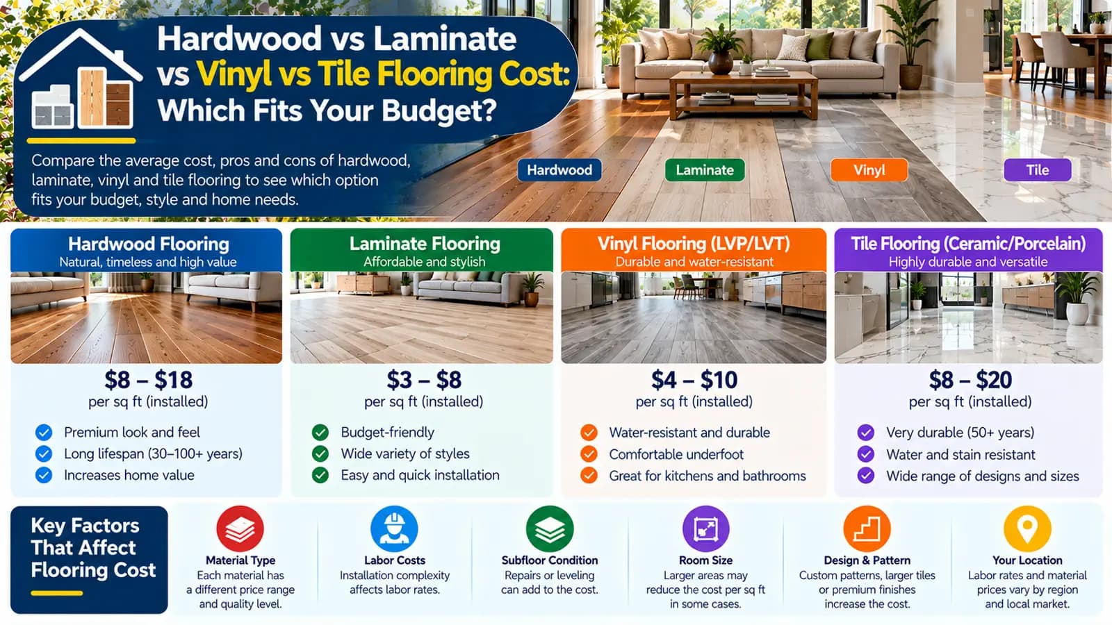 Hardwood vs Laminate vs Vinyl vs Tile Flooring Cost: Which Fits Your Budget? — HomeCostNest cost guide feature image