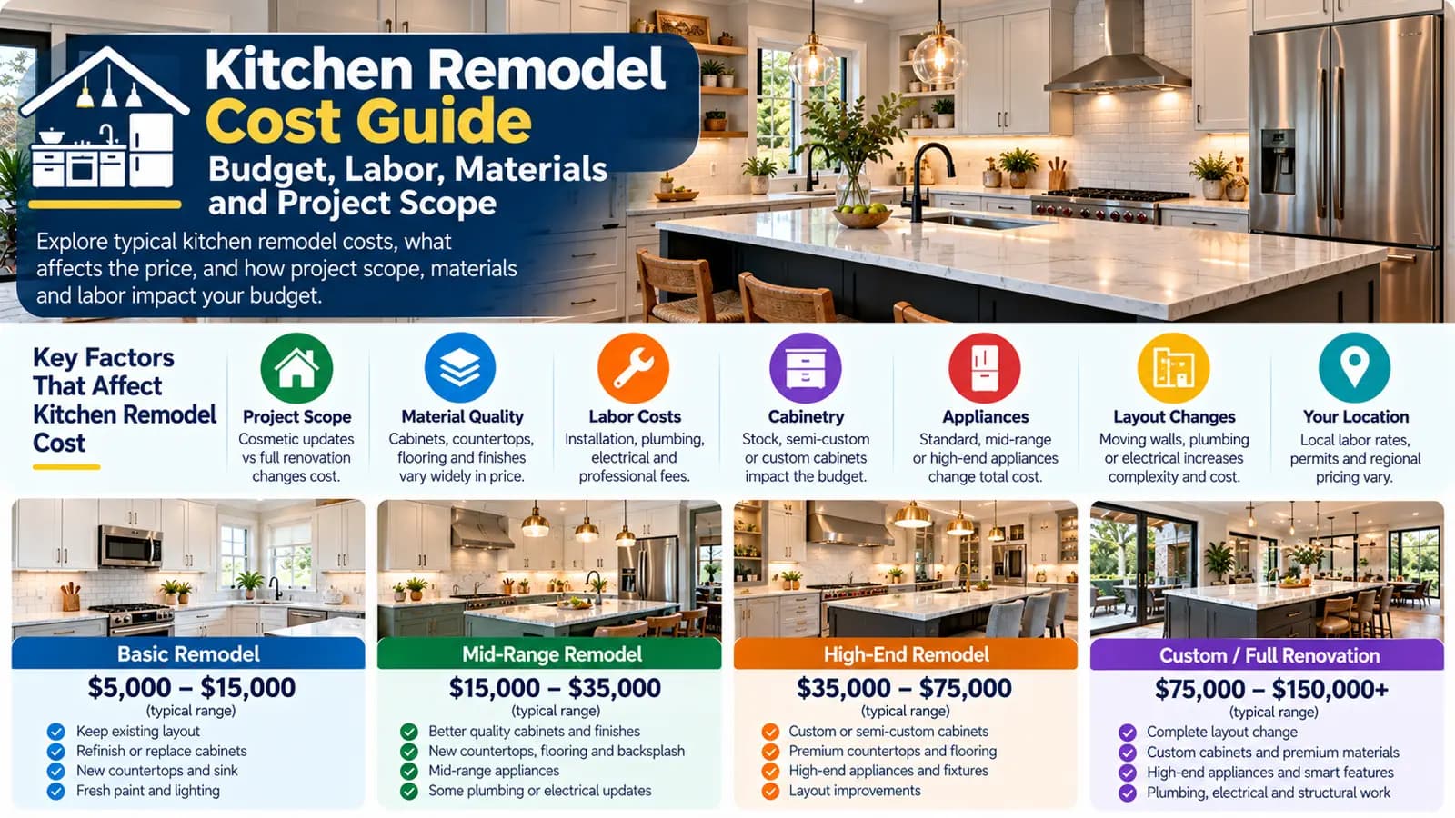 Kitchen Remodel Cost Guide: Budget, Labor, Materials and Project Scope — HomeCostNest cost guide feature image