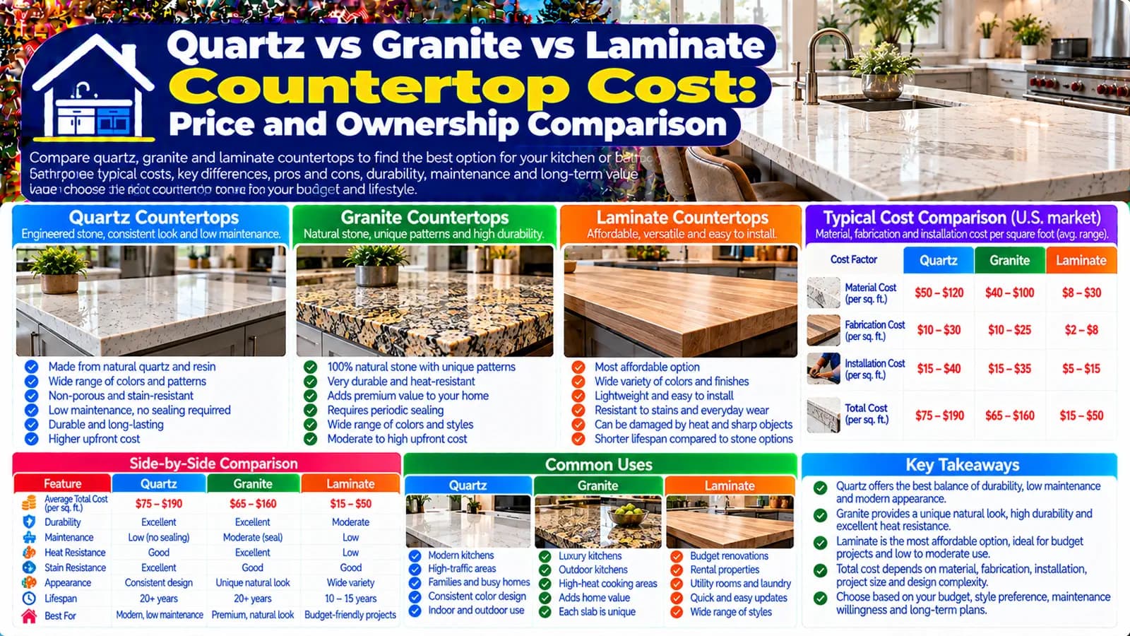 Quartz vs Granite vs Laminate Countertop Cost: Price and Ownership Comparison — HomeCostNest cost guide feature image