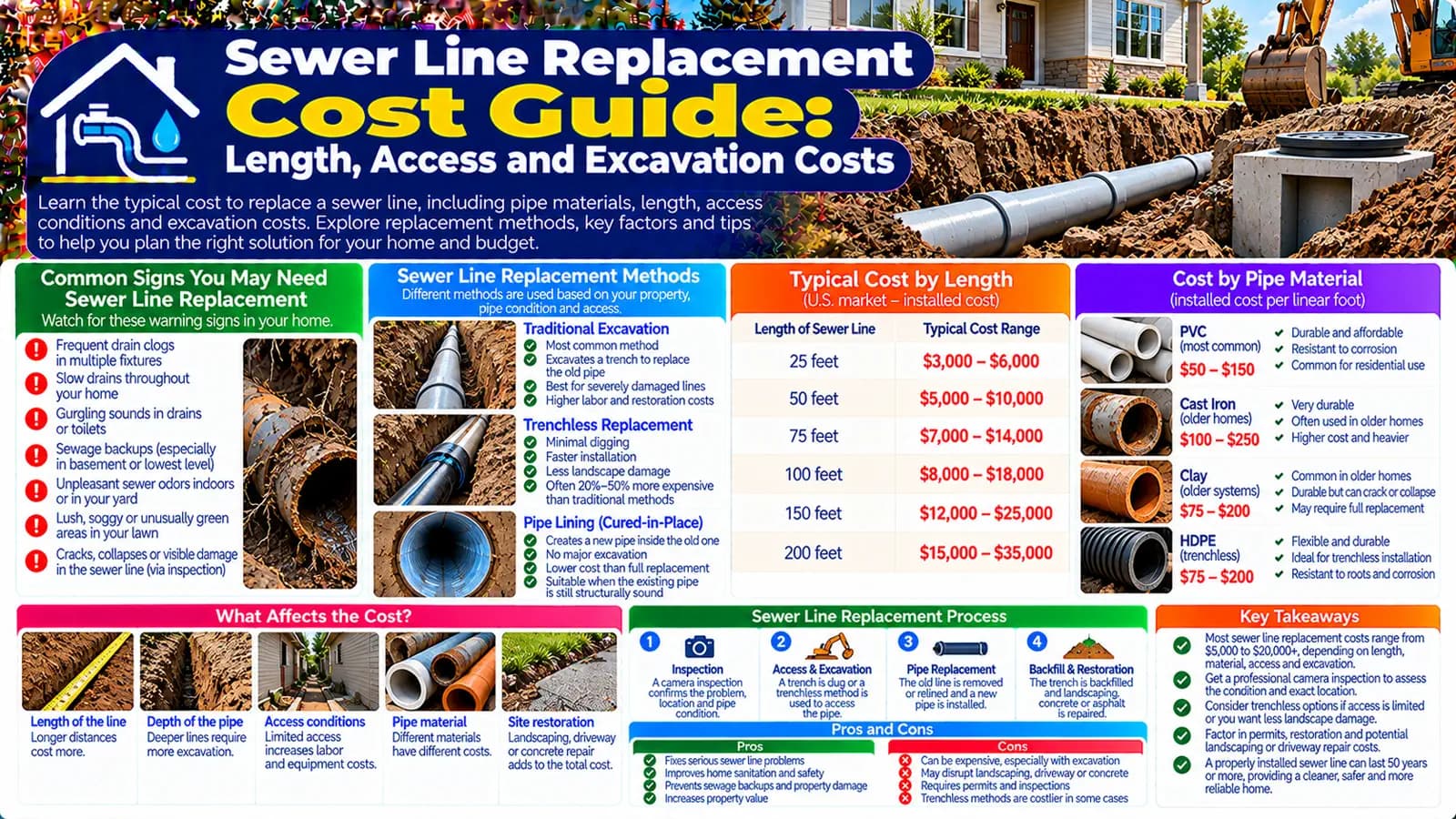 Sewer Line Replacement Cost Guide: Length, Access and Excavation Costs — HomeCostNest cost guide feature image