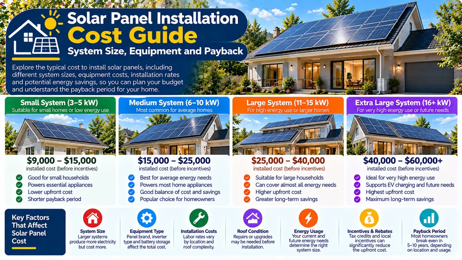 Solar Panel Installation Cost Guide: System Size, Equipment and Payback — HomeCostNest cost guide feature image