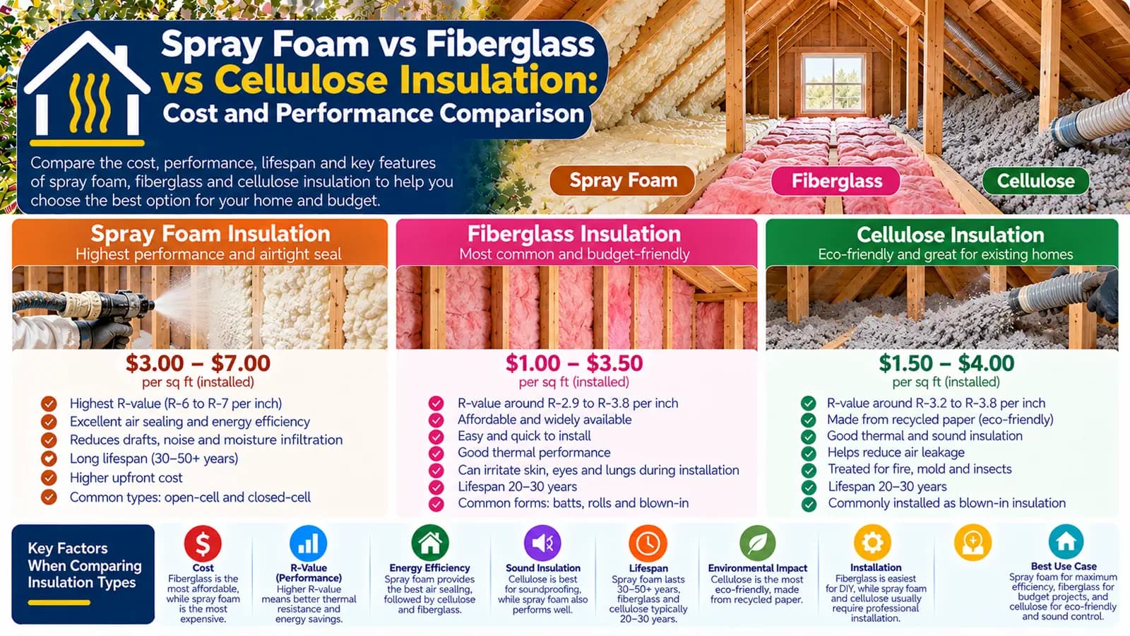 Spray Foam vs Fiberglass vs Cellulose Insulation: Cost and Performance Comparison — HomeCostNest cost guide feature image