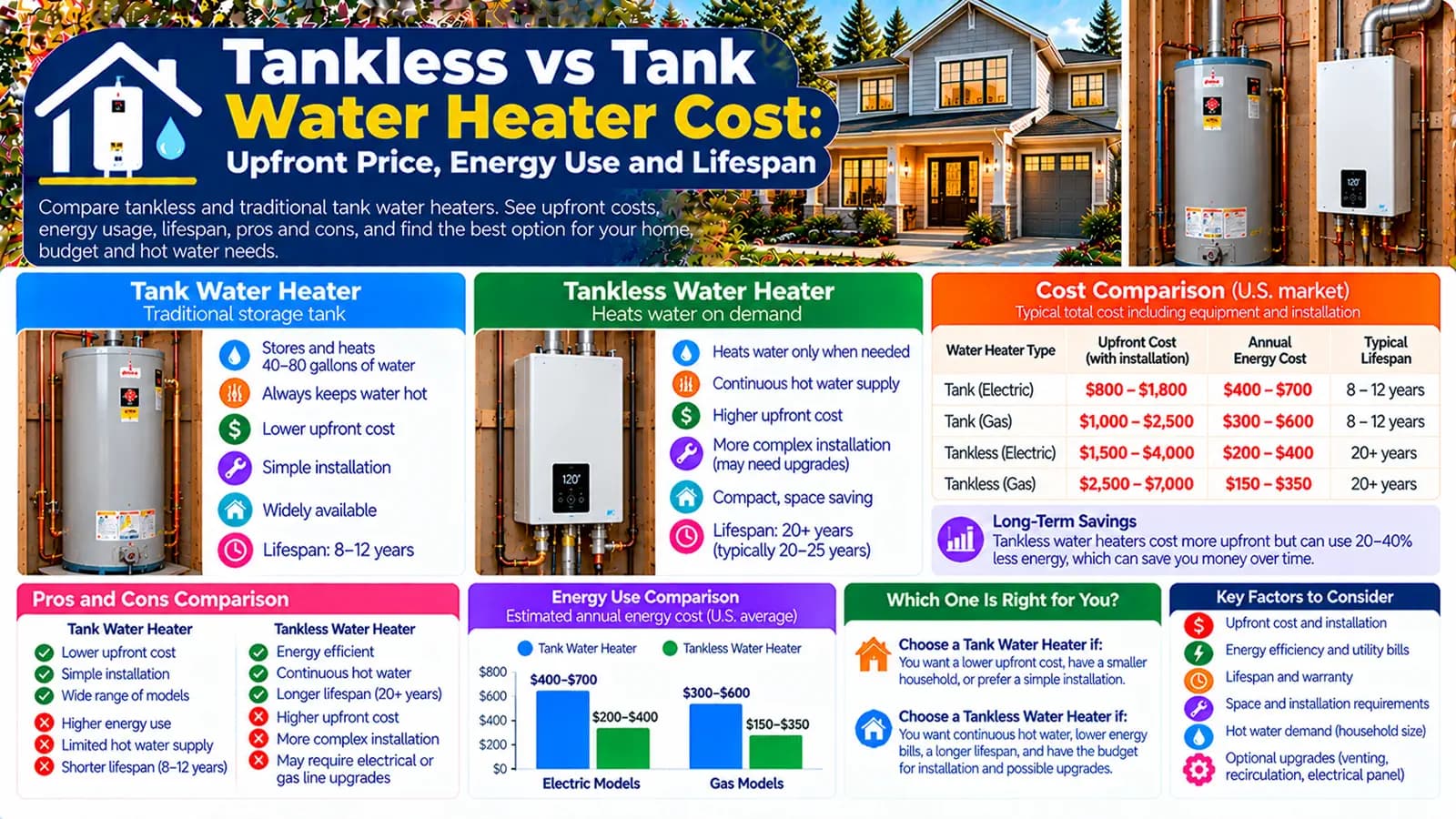 Tankless vs Tank Water Heater Cost: Upfront Price, Energy Use and Lifespan — HomeCostNest cost guide feature image