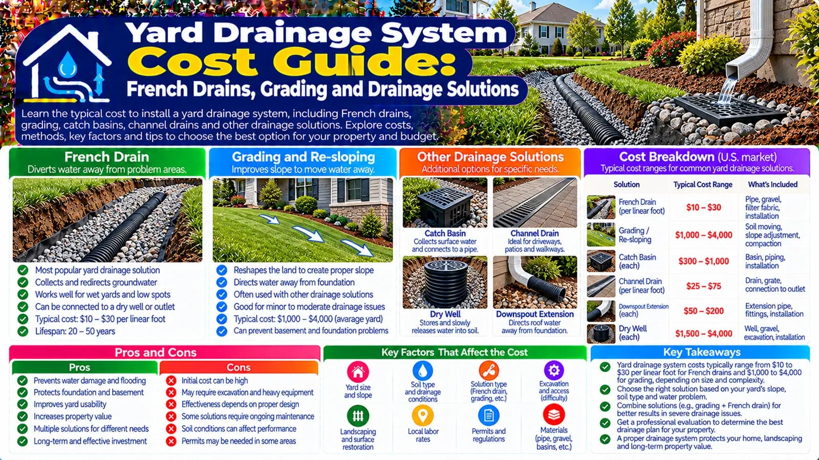 Yard Drainage System Cost Guide: French Drains, Grading and Drainage Solutions — HomeCostNest cost guide feature image